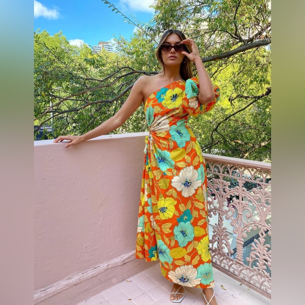 Alemais Floral One-Shoulder Midi Dress - Orange and Yellow